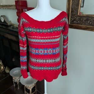 American Eagle Outfitters Womens XS  Sweater Red Fairisle Boat Neck Red Wool 151